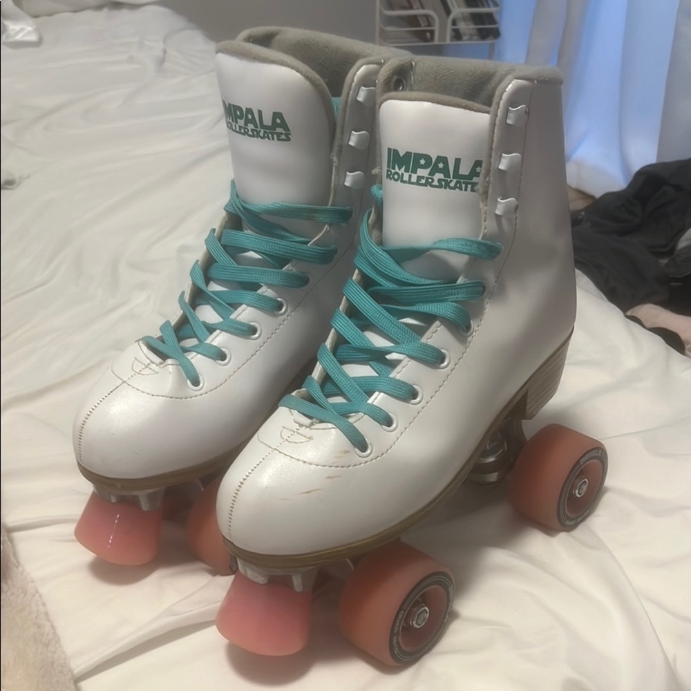 Women's White and Pink Roller Skates